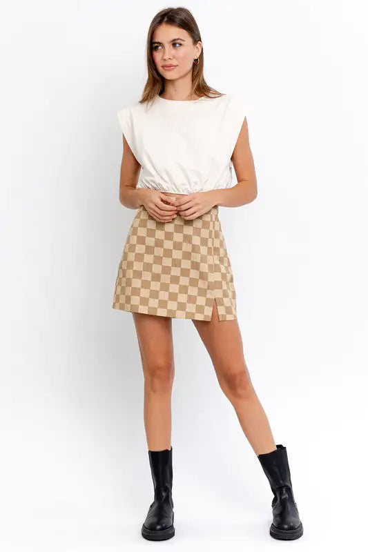 Checkered Print Slit Mini Skirt